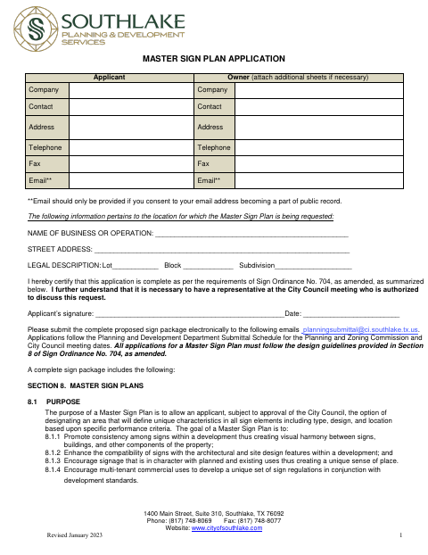 First page of the Master Sign Plan Application