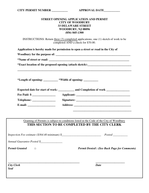 First page of the Street Opening Application and Permit