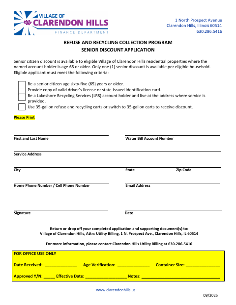 First page of the Refuse and Recycling Collection Program Senior Discount Application