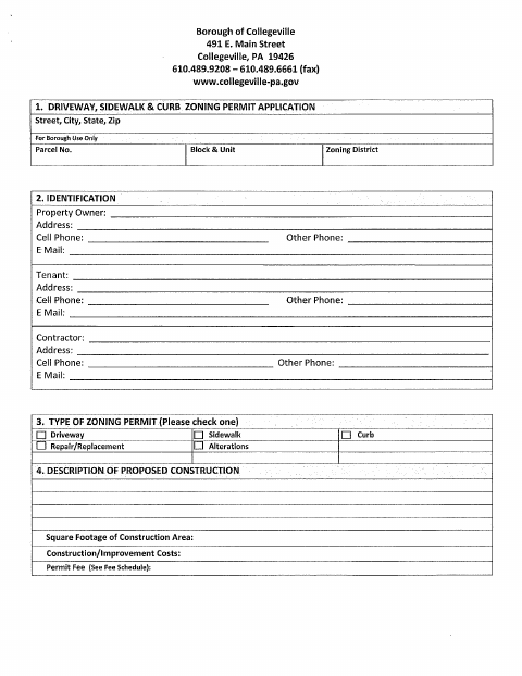 First page of the Driveway, Sidewalk and Curb Permit Application