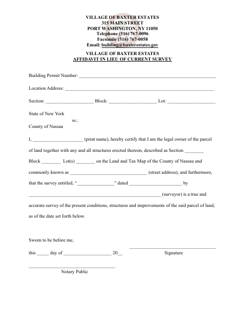 First page of the Affidavit in Lieu of Current Survey