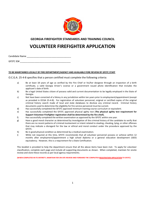 First page of the Volunteer Firefighter Application Package