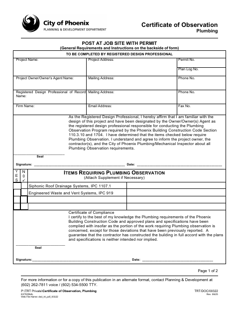 First page of the Certificate of Observation, Plumbing