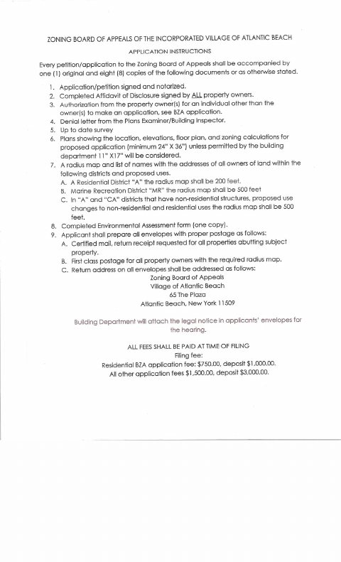 First page of the Zoning Board of Appeals Variance Application