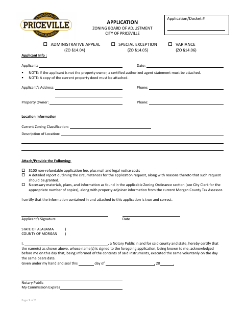 First page of the Zoning Board of Adjustment Application