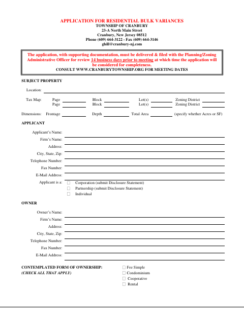 First page of the Application for Residential Bulk Variances