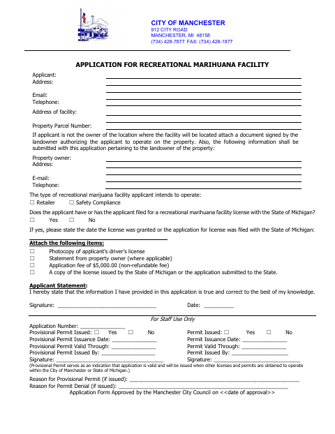 First page of the Application for Recreational Marihuana Facility