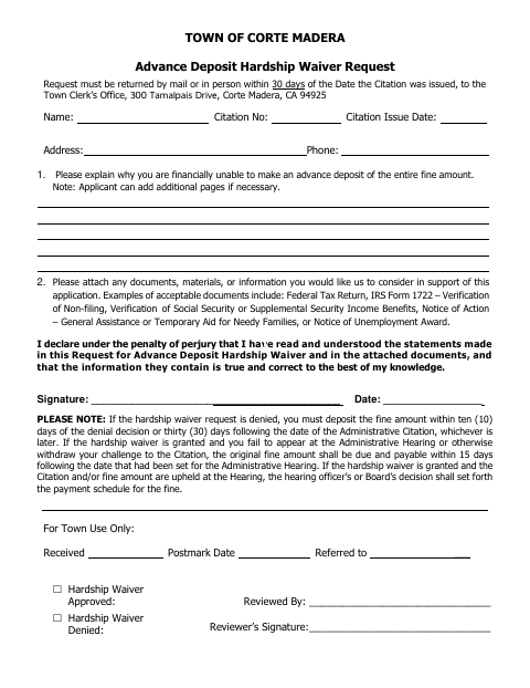First page of the Advance Deposit Hardship Waiver Request
