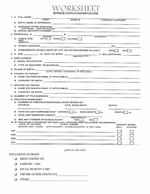 First page of the Marriage Worksheet
