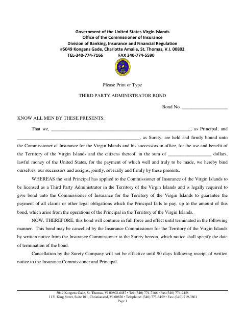 First page of the Third Party Administrator Bond