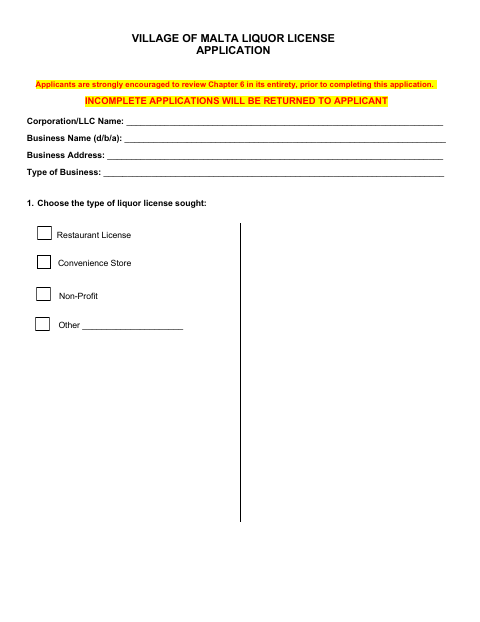 First page of the Liquor License Application
