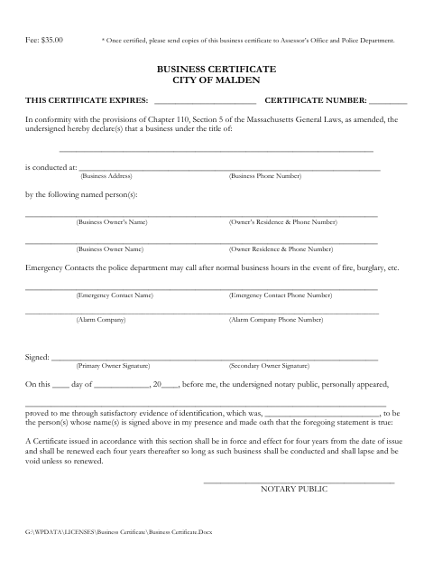 First page of the Business Certificate