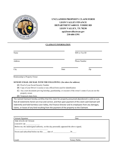 First page of the Unclaimed Property Claim Form
