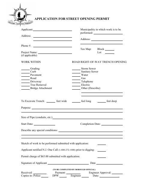 First page of the Application for Street Opening Permit