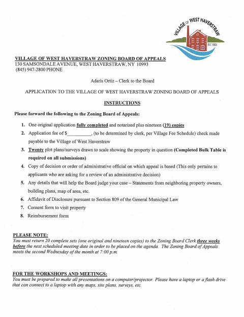 First page of the Zoning Board of Appeals Application