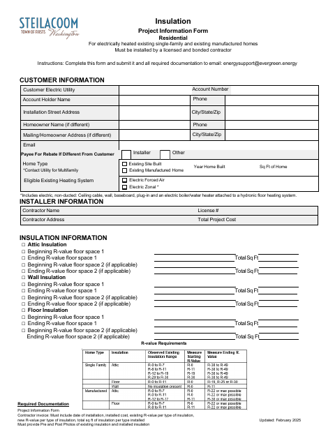 First page of the Insulation Installation Form