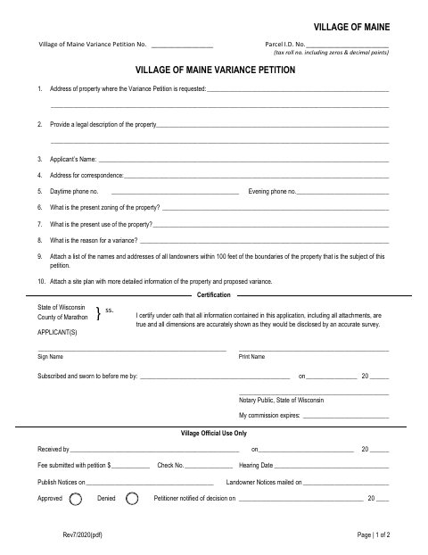 First page of the Zoning Variance Petition