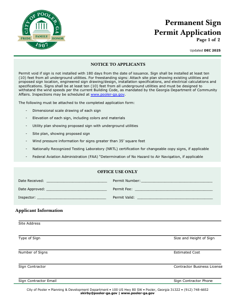 First page of the Permanent Sign Permit Application