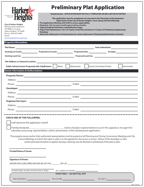 First page of the Preliminary Plat Permit Application