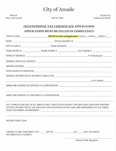 First page of the Occupational Tax Certificate Application Packet