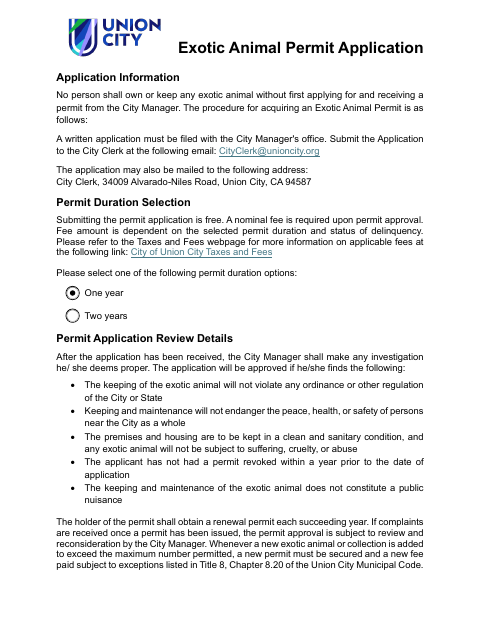 First page of the Exotic Animal Permit Application
