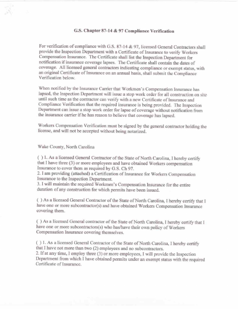 First page of the Workers Compensation Compliance Affidavit