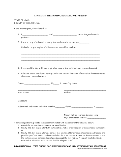 First page of the Statement Terminating Domestic Partnership