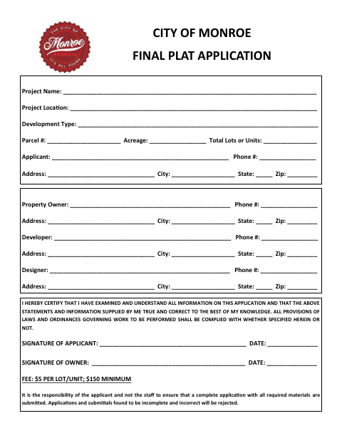 First page of the Final Plat Application