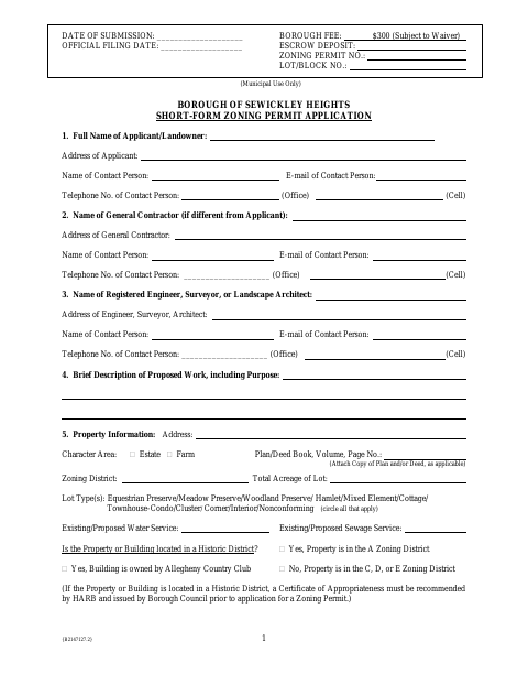First page of the Short-Form Zoning Permit Application