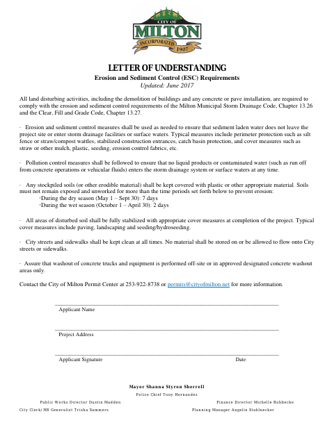 First page of the Letter of Understanding Erosion and Sediment Control Requirements