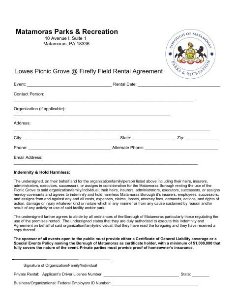 First page of the Lowes Picnic Grove Rental Agreement