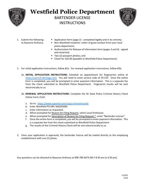 First page of the Bartender License Application