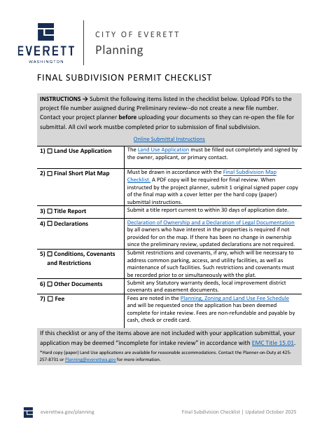 First page of the Final Subdivision Permit Checklist