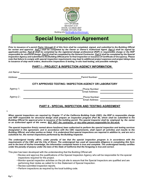 First page of the Special Inspection Agreement