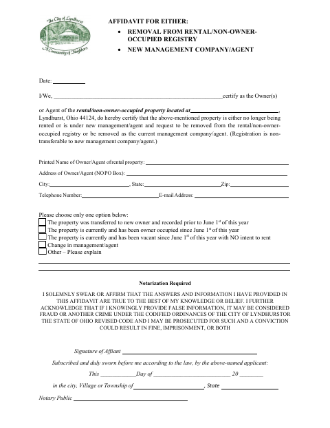 First page of the Affidavit for Rental Registry Removal or Management Change