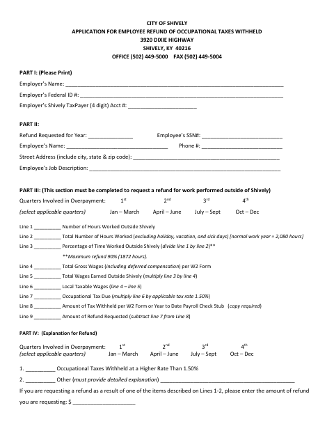 First page of the Employee Occupational Tax Refund Application