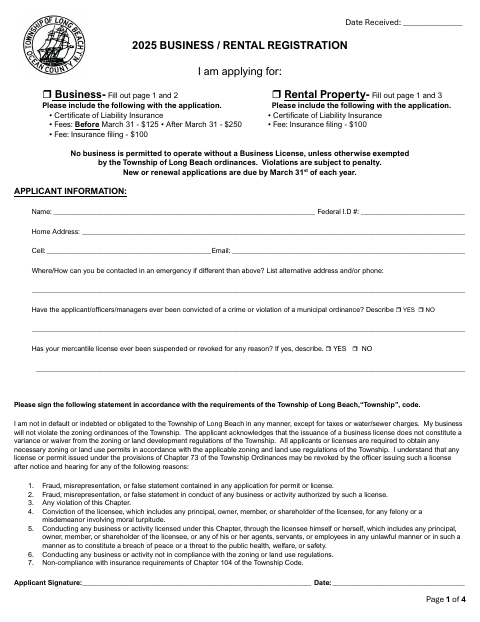 First page of the 2025 Business/Rental Registration