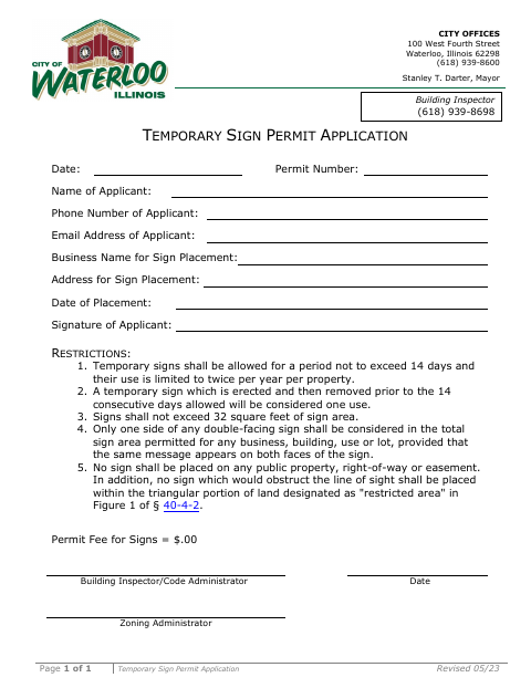 First page of the Temporary Sign Permit Application