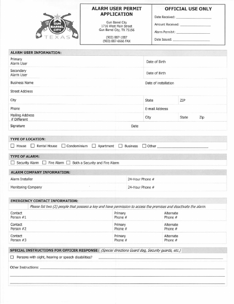 First page of the Alarm Permit Application