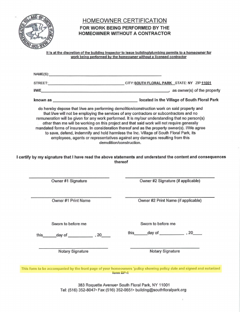 First page of the Homeowner Certification for Work Without a Contractor