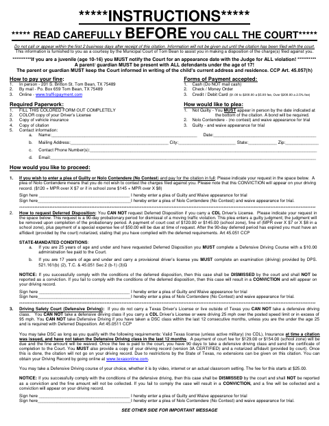 First page of the Municipal Court Mail-In Plea Form