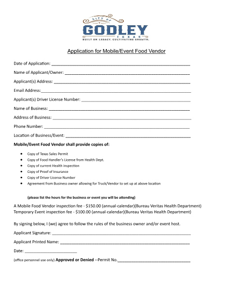 First page of the Mobile Food Vendor Application