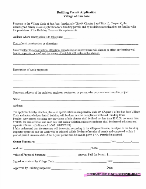 First page of the Building Permit Application