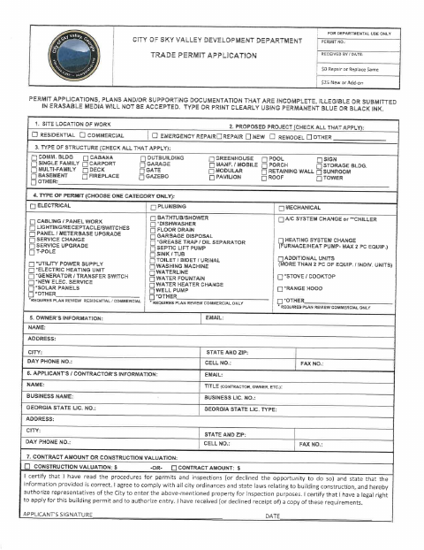 First page of the Trade Permit Application