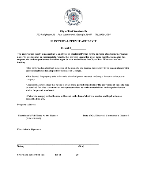 First page of the Electrical Permit Affidavit