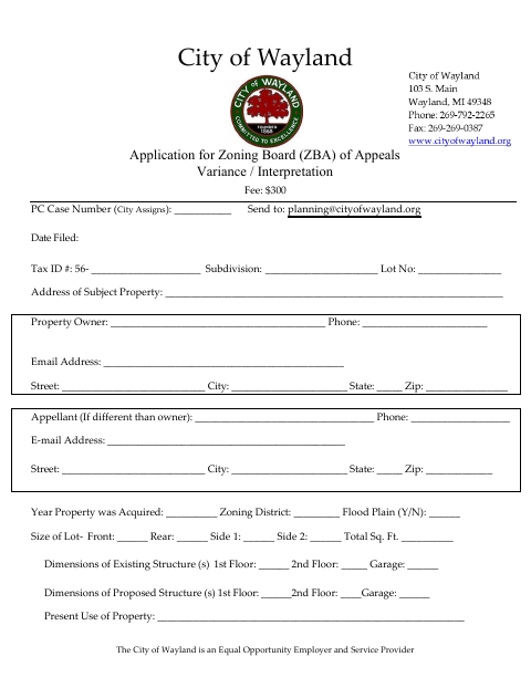 First page of the Zoning Board of Appeals Application