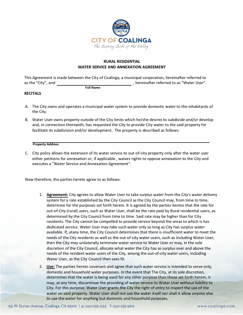 First page of the Rural Residential Water Service and Annexation Agreement