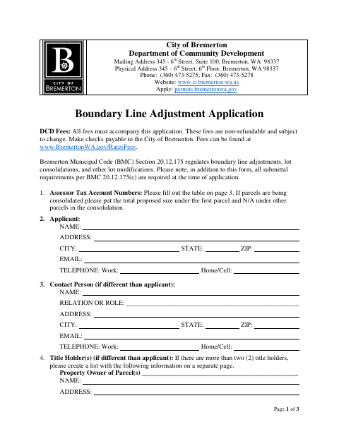 First page of the Boundary Line Adjustment Application
