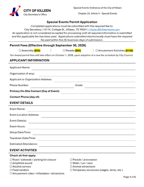 First page of the Special Event Permit Application