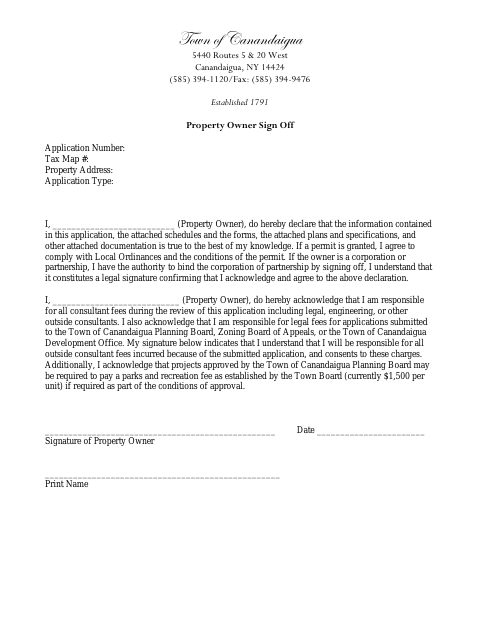 First page of the Property Owner Sign Off